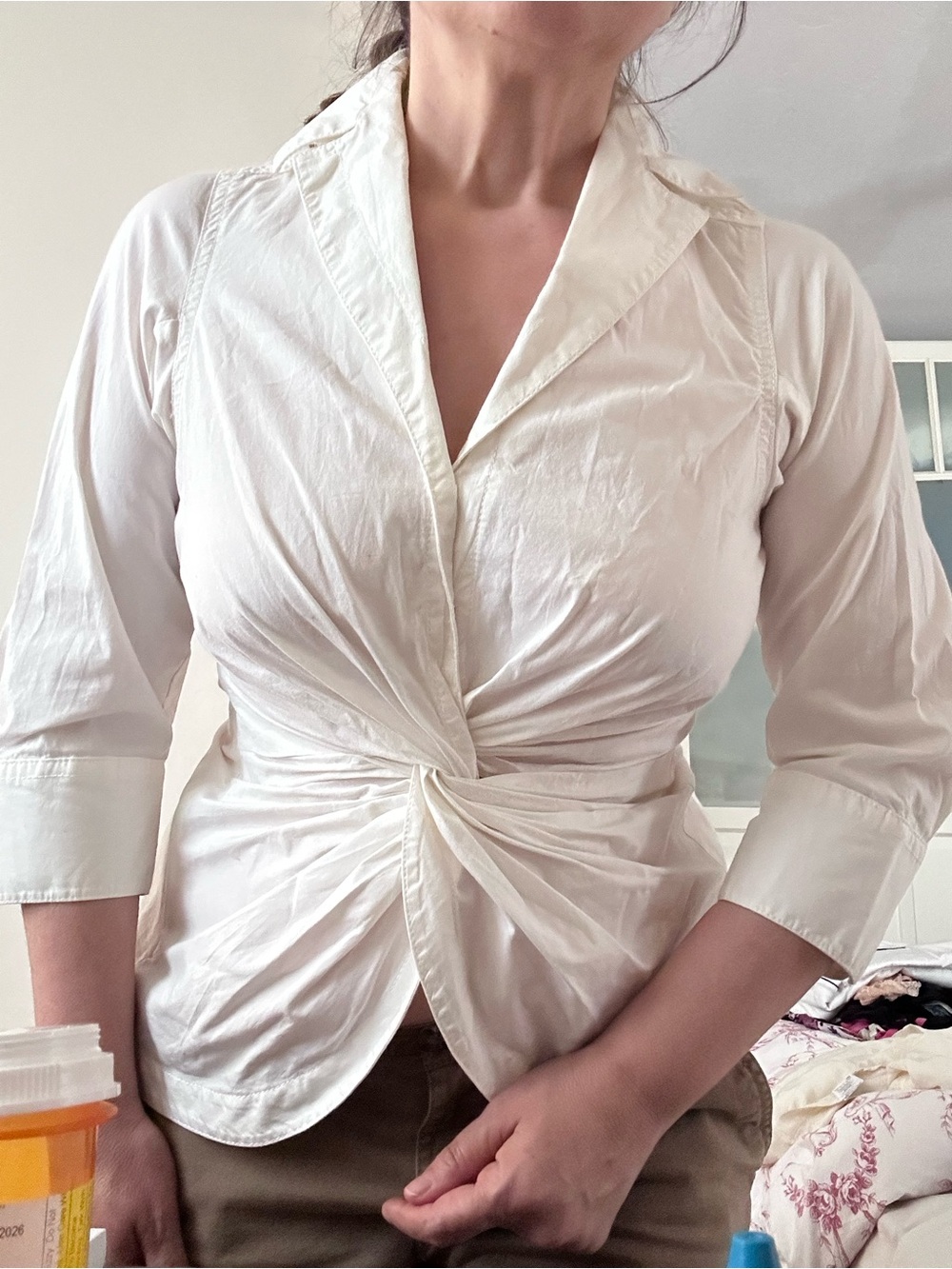 Anthropologie Cream Twist-Front Button Down Shirt